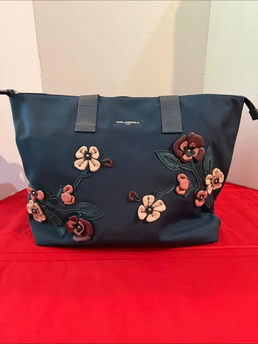 Karl Lagerfeld Navy Tote with Floral Appliqués & Inside Pockets